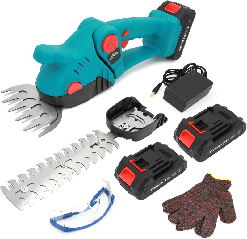 Tijeras de Césped y Setos a Batería 2 en 1, Cortasetos Eléctrico 21V 1260 RPM, con 2 Baterías de 2500 mAh, Cargador y Cuchillas de 130 mm y 230 mm para Jardín (Azul)