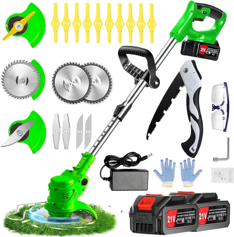 Desbrozadora electrica, desbrozadora batería，2 Baterías 21 V Cortabordes Bateria, 4 en 1 Cortabordes electrico, Longitud retráctil, Desbrozadora a Batería Adecuado para Jardines y césped.
