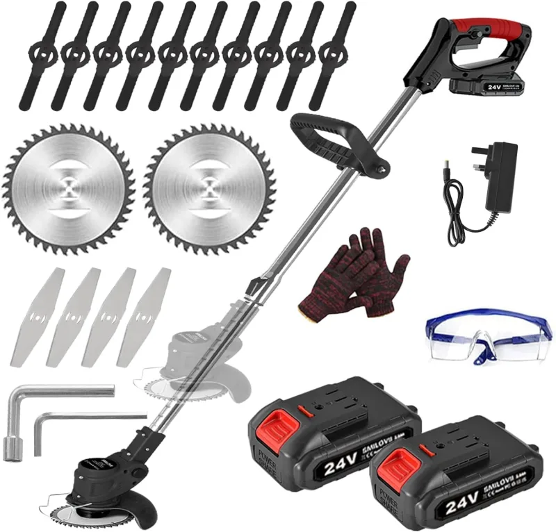 Desbrozadora Bateria 24V (650W), Cortabordes Electrico 3 en 1 con 2 Baterías 2000mAh, Desbrozadora Electrica Multifunción para Jardín, 16 Cuchillas y Cabezal 90°, Desbrozadoras para Maleza