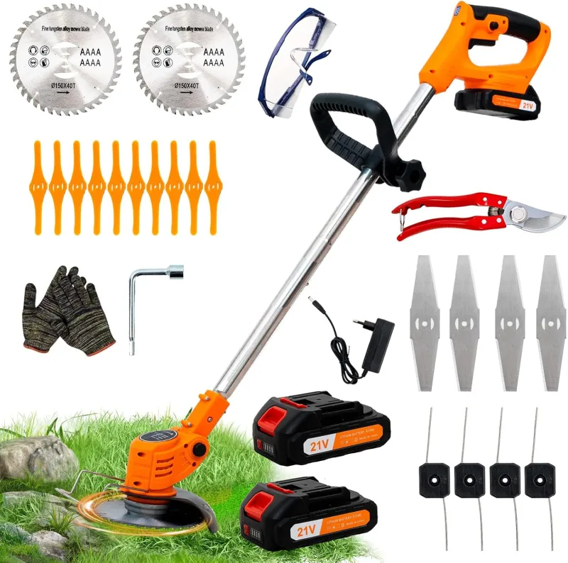 OUTIGO Cordless battery lawn mower, with 4 types of cutting accessories, 2 x 21V batteries, foldable and adjustable, perfect for garden and terrace.