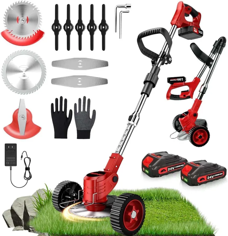 24V Electric Brushcutter with 3 Types of Cutting Blades, 2 x 2000mAh Battery, 4 in 1 Electric Brushcutter for Electric Lawn Trimmer for Patio, Garden