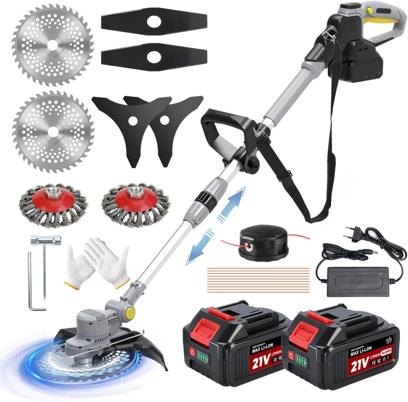 Desbrozadora Electrica 21V, Desbrozadora Bateria 5 En 1 Brushless Cortabordes Bateria con 2 Baterías 4,0Ah, Cortabordes Electrico con Cepillo de Malas Hierbas, Tubo Telescópico, Gris