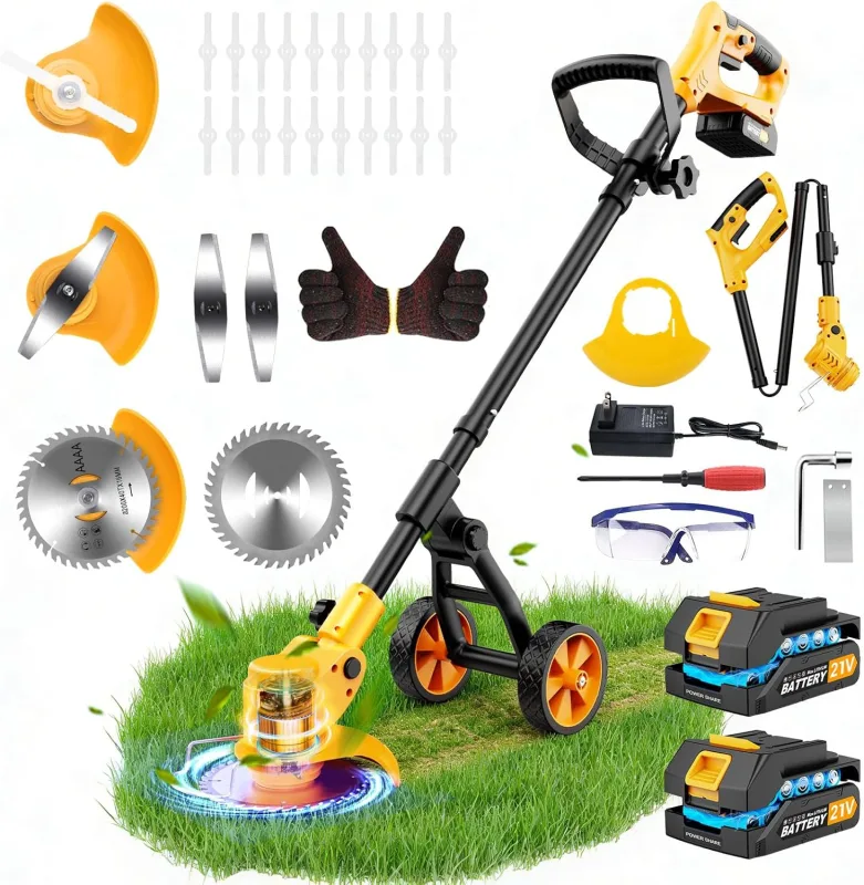Cortabordes inalámbrico 21V, Desbrozadora Batería con 2 Baterías de 2.0Ah, Cortabordes Bateria Cargador y Ruedas Desmontables, Telescópico Cortabordes Electrico 3 en 1 para Césped, Jardín, Patio