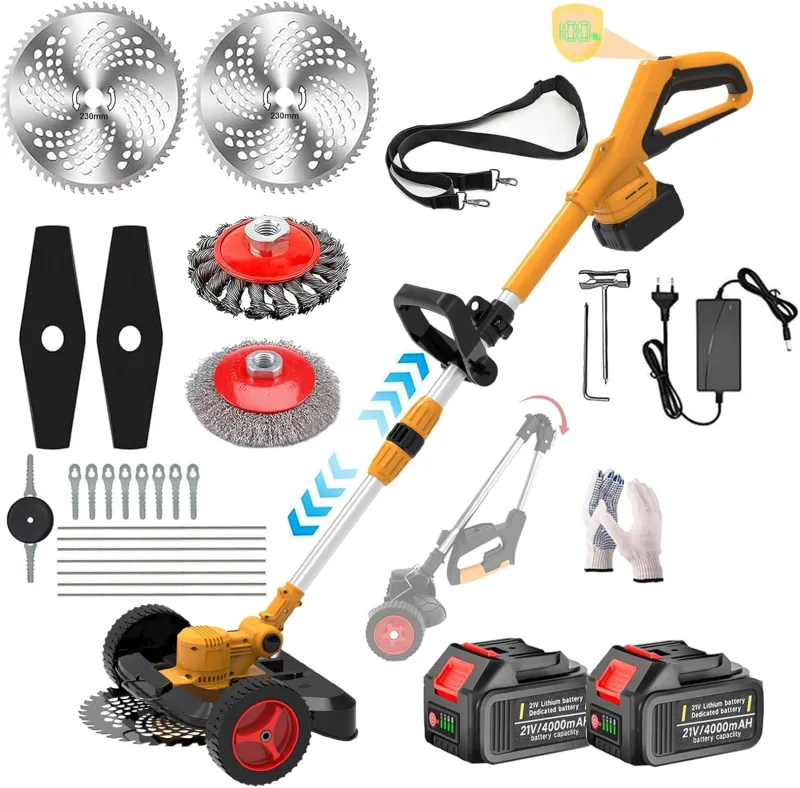 Electric Pieghevole Decespugliatore with Ruote Rimovibili, 2 Batteries, 5 Tipi di Lame, Tagliaerba a Batteria, Telescope, Angolazione Regolabili per Il Taglio Di Giardini,Cespugli e Prati