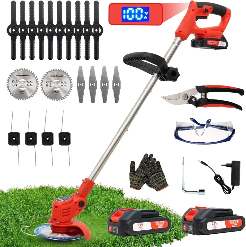 OUTIGO Battery-powered brushcutter, electric battery-powered brushcutter, equipped with 2 batteries and 4 blades, 800 W folding lawnmower, suitable for lawn mowing gardens and shrubs
