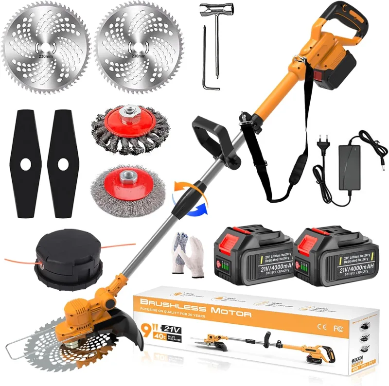 Brushless Electric Brush Cutter with 2 Batteries 4.0 Ah and 4 Types 4 in 1 Blades, Battery Trimmer with Weed Brush for Lawn Garden Pruning, Orange, B