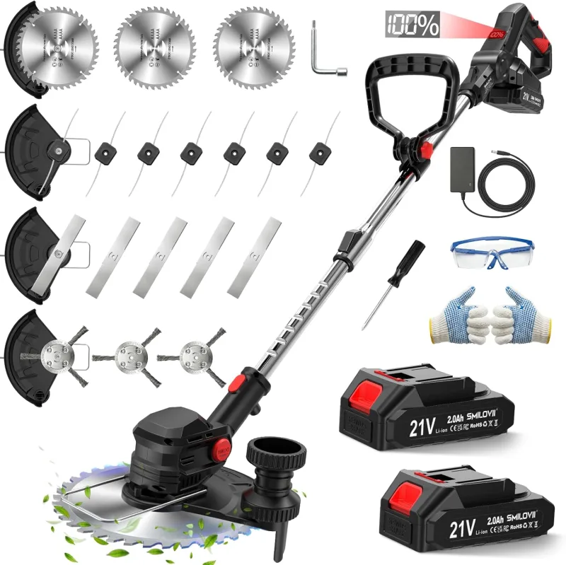 Desbrozadora Bateria 21V con Pantalla LCD, Cortabordes Eléctrico 850W con 2 Baterías 2.0Ah y Ruedas, Recortabordes Potente 4 en 1 para Jardín, Maleza y Caminos, Negro