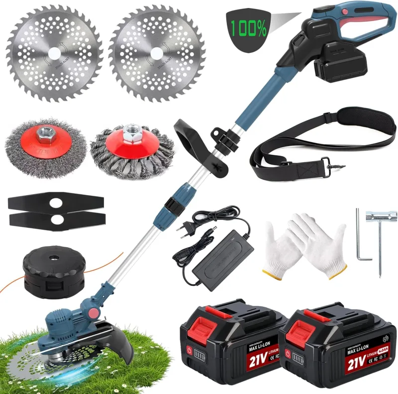 Trimmer Edges Garden Battery Brushcutter Battery, 5 in 1 Battery Trimmer, Brushless Motor 750 W, Brushcutter with 2 x 4.0 Ah 21 V Battery, Foldable, Suitable for Trimming Lawn and Garden