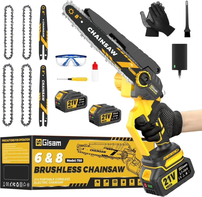 Mini Chainsaw with Brushless Motor 1000W, 8 and 6 Inch Chainsaw, Automatic Oiler and Chain Tensioner Without Tools and 2 x 4000 Mah for Tree Branches, Wood Cutting Motosierr