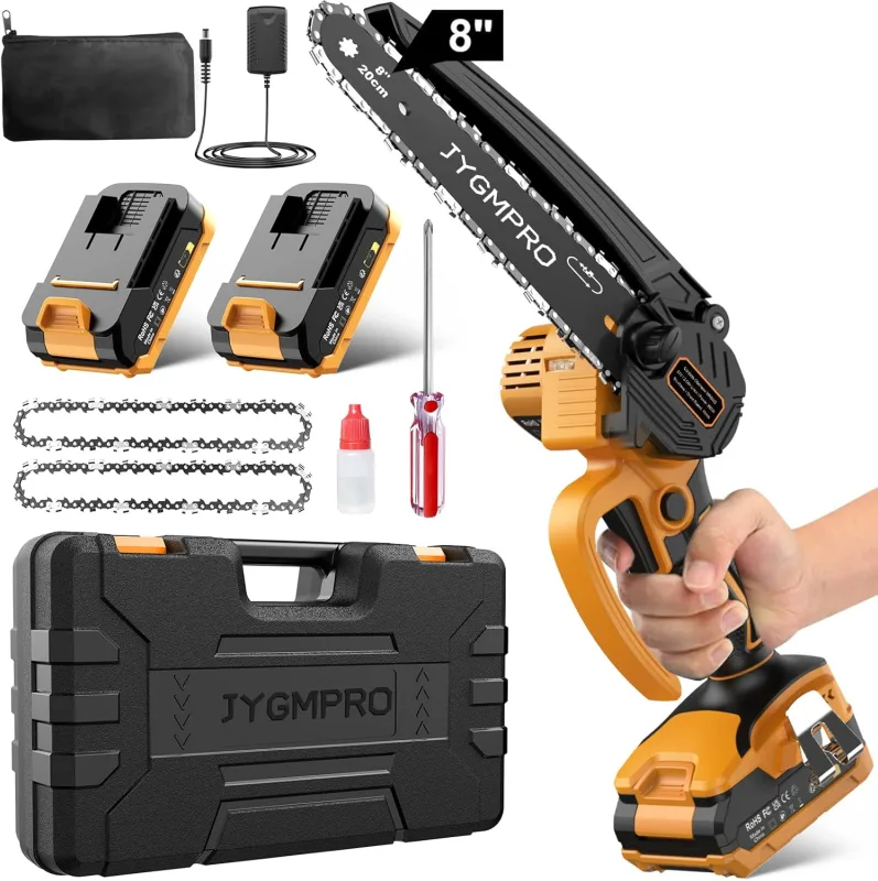 Mini Chainsaw Battery 8 Inches, Cordless Chainsaw with Brushless Motor and Includes 2 Batteries 2.0Ah, 2 Chains, 10 m/s Speed Chain, for Cutting Branches and Wood in the Garden