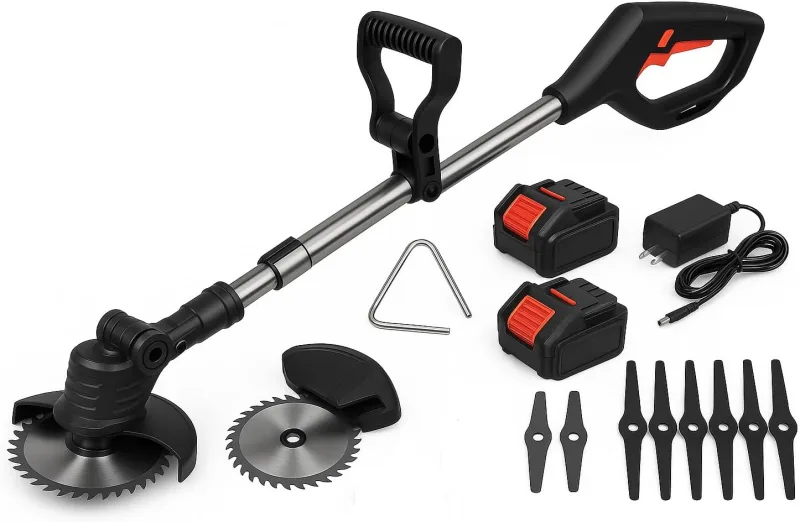 12V/98VF Battery Electric Brushcutter – 18,000 RPM | Includes 2 Batteries, Charger, Metal Disc, Blades | Lightweight and Powerful Cordless Lawn Mower | Electric Trimmer