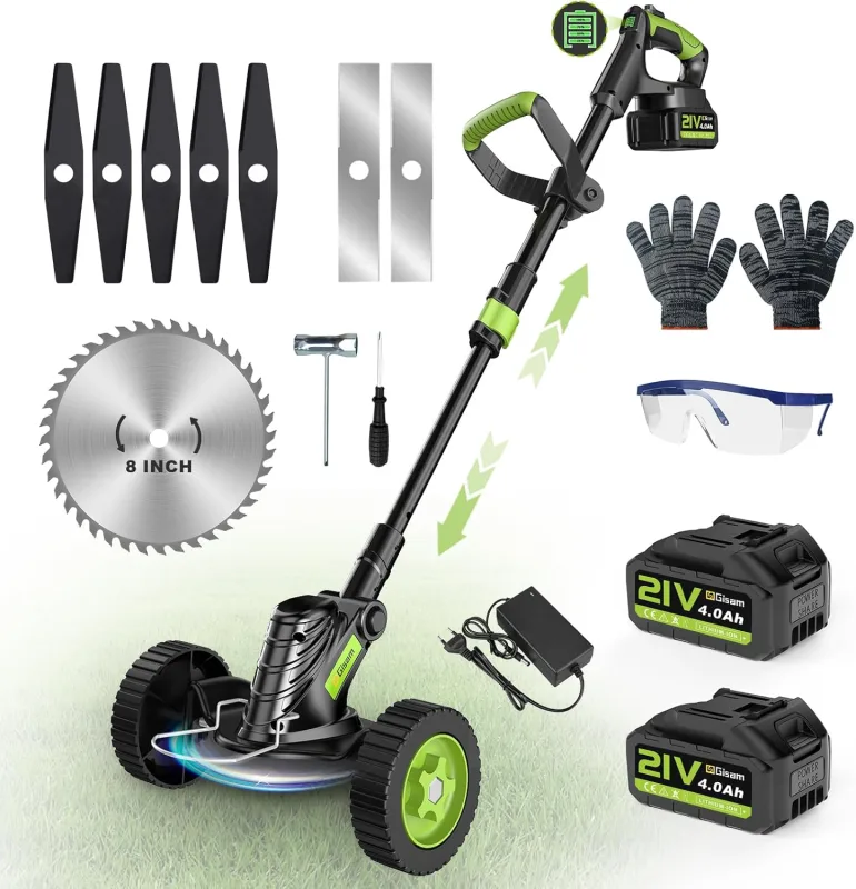 Battery Powered Brushcutter 2 x 4.0Ah Brushless Brush Cutter with 3 Types of Blades, Removable Wheels, Telescopic Adjustment for Lawn and Garden