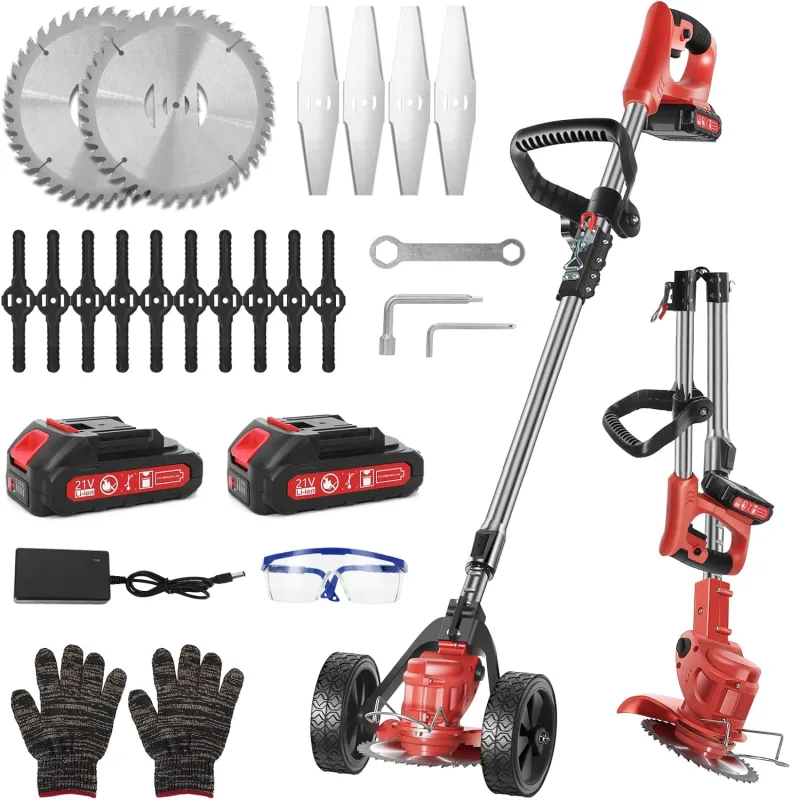 Cordless Electric Brushcutter 21V – Lightweight Battery Powered Lawn Mower with 3 Types of Blades, 2 Batteries and Wheels – Folding Trimmer and Shoot Trimmer for Garden, Lawn and Shrubs