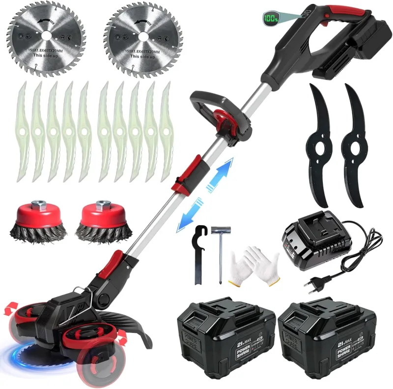 Battery Brushcutter, Battery Trimmer with 2 Batteries and 4 Types of Blades, Electric Brushcutter with Wheels and Weed Brush, 945W Brushless Motor, 4 in 1 Electric Lawn Mower, Black