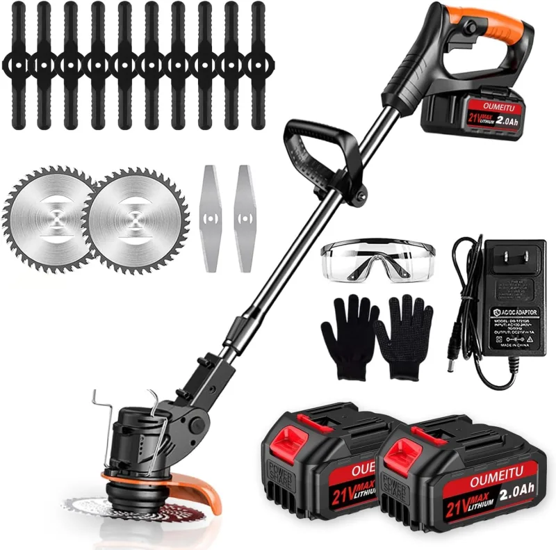 Battery String Trimmer with Battery and Charger, 3 in 1 Battery Electric Brushcutter and Grass Powered Motor Trimmer with 2 x 2.0Ah Batteries and Metal Blade, Brushcutter