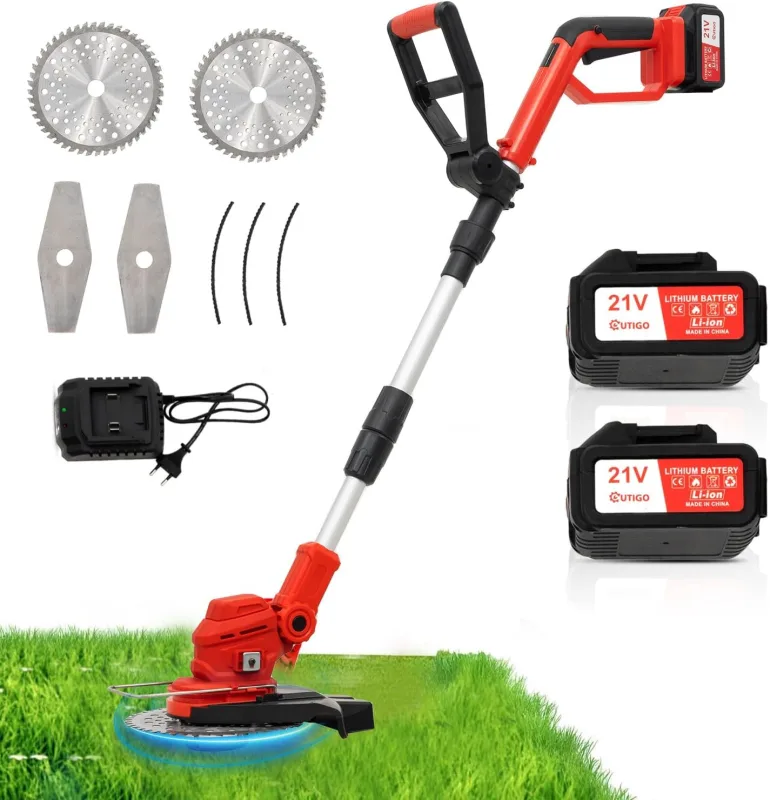 OUTIGO Cordless Lawn Mower, Battery Brushcutter, 21 V (4 Ah)/2 × 21 V - 4 Ah, Electric Lawn Mower, 3 in 1 Electric Trimmer, Folding Telescopic Handle, Battery Powered Garden Brushcutter