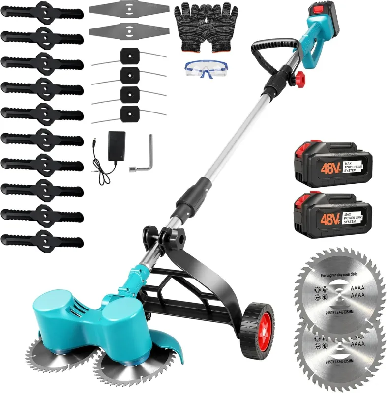 Cordless Lawn Trimmer with Auxiliary Wheel, Brushless Brushcutter with Battery 2x4.0AH, Garden Lawn Trimmer with 3 Types of Blades, Removable Wheels, Telescopic Adjustment for Lawn Garden