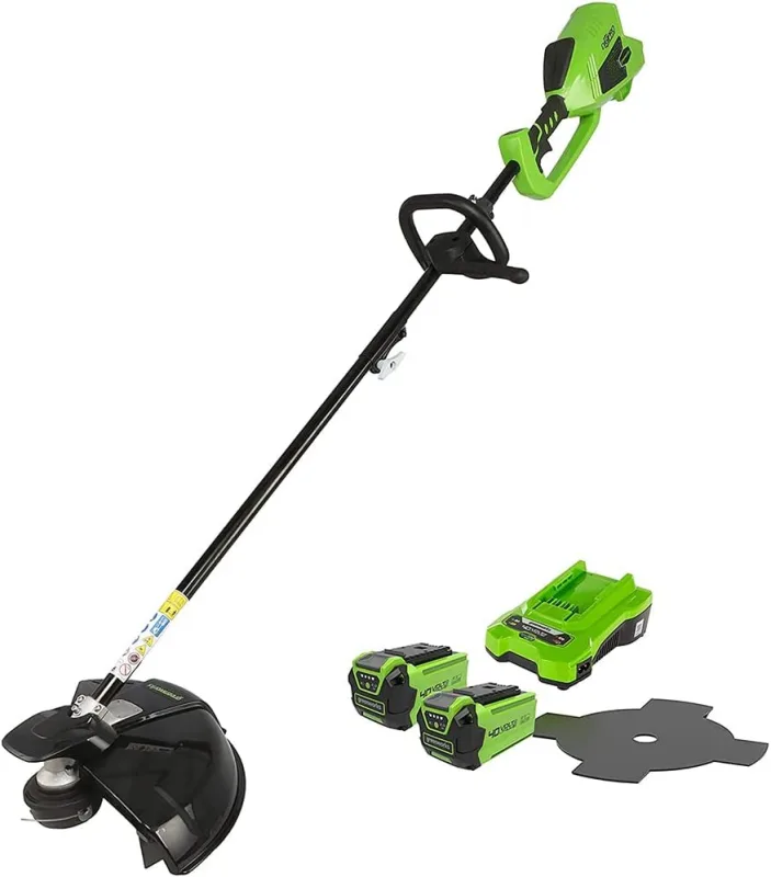 Greenworks 40V Battery Brushcutter Brushless Motor, Harness, Adjustable Height, Cutting Width 40 cm, Nylon Thread 2 mm or Blade 25 cm, 2 x 40 V Batteries and Charger, 3 Years Warranty GD40BCK2X