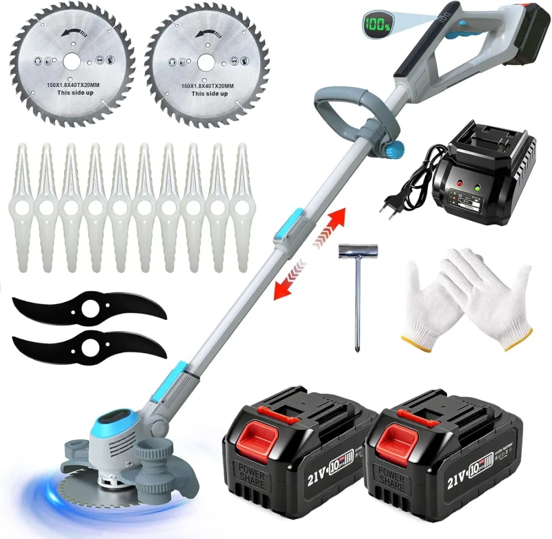21V Battery Brushcutter, Electric Brushcutter, Battery Trimmer with 2 Batteries and 3 Types of Blades, Telescopic 90° Pivoting Head for Lawn Garden Pruning, Grey