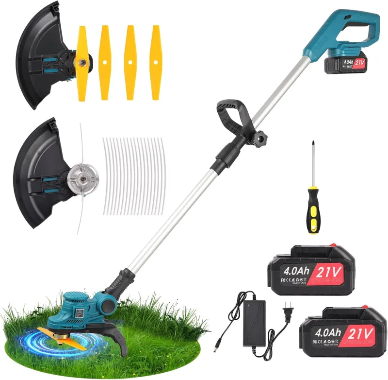 21 V Battery Brushcutter with 2 4.0 Ah Batteries, 90° Adjustable Cutting Head, 20 Cutting Threads, 4 Plastic Blades, Battery Trimmer for the Garden