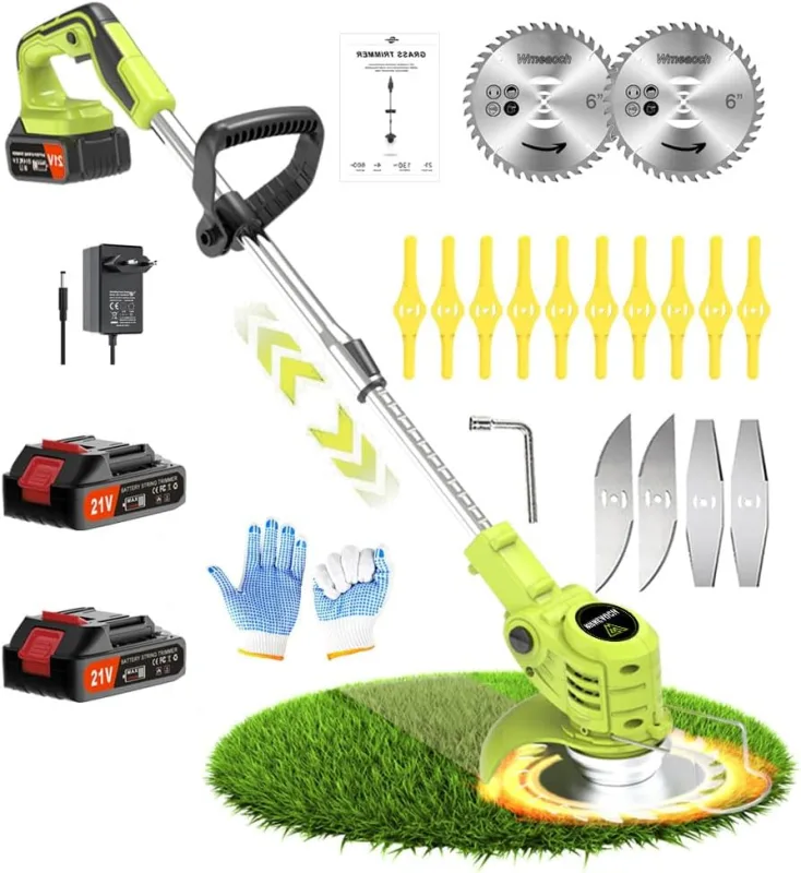 21V Battery Brushcutter Electric Retractable Lawn Mower with 6,000 RPM and 650 W Motor, with 2 2.0 Ah Batteries, Garden Companion and Lawn Care