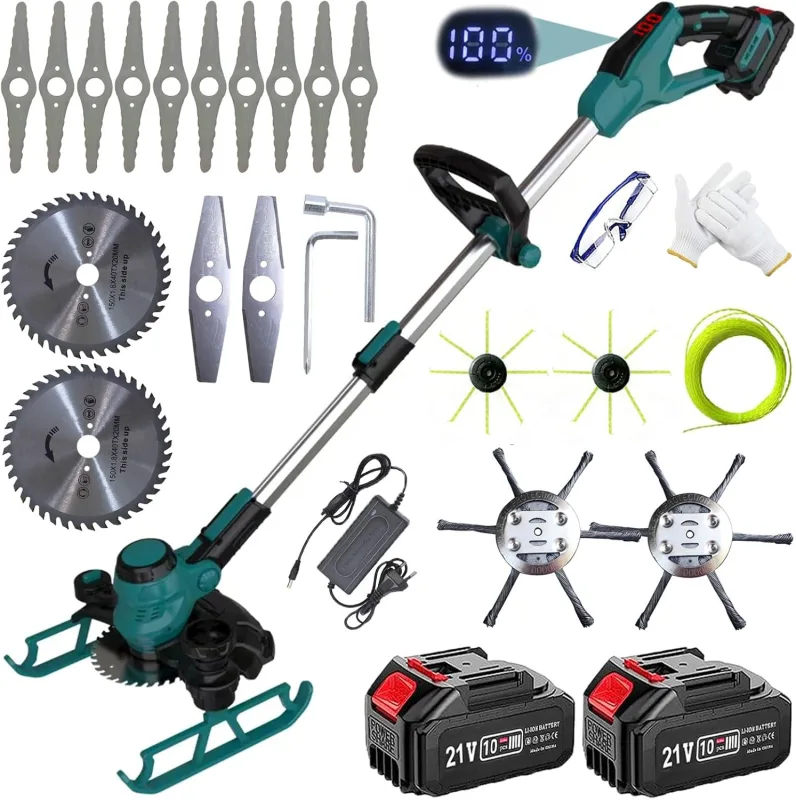 Battery Brushcutter, 4 in 1 Battery Trimmer, Electric Brush Cutter with 2 Batteries 3.0 Ah and Brush for Weeds, Ideal for Gardening and Pruning (Blue)