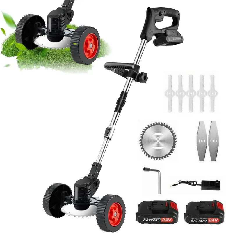 21V Battery Brushcutter, Electric Brushcutter, Electric Trimmer with 2 Batteries and 3 Metal Blades, Telescopic Rod and Detachable Auxiliary Wheel, Lawn Care