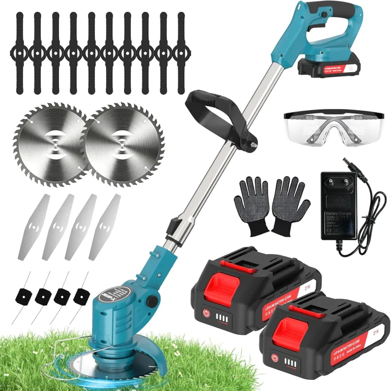 Electric Brushcutter 800W, Battery Trimmer with 2 Batteries 1500mAh and 4 Types of Blades, 90° Rotating Head, Electric Lawn Trimmer for Garden, Lawn Trimming