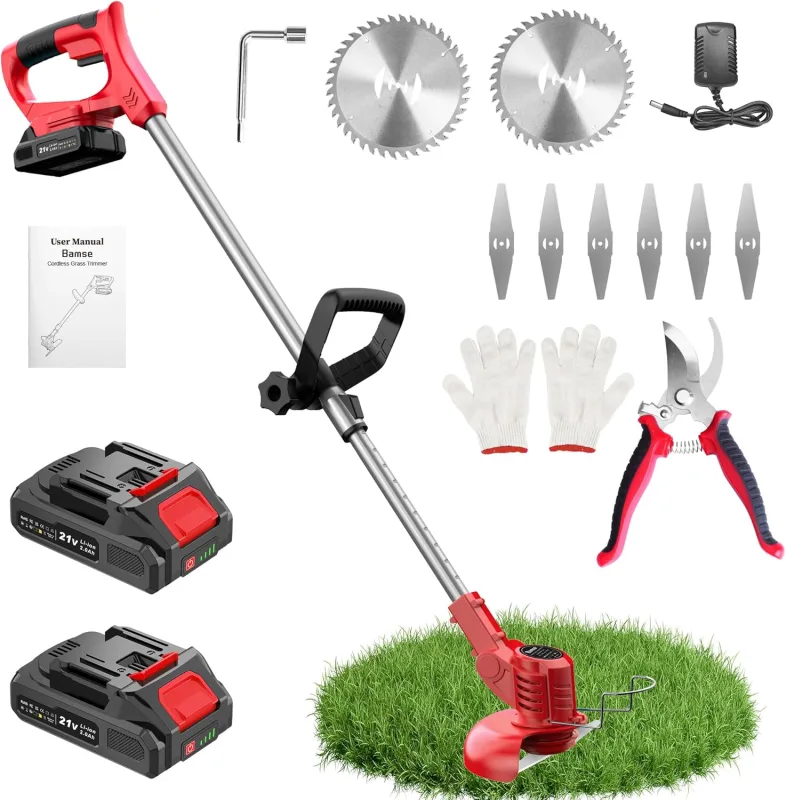 Battery Brushcutter, Bamse Electric Brushcutter 21V, Battery Trimmer with 2 Batteries 2000 mAh, 2 Types of Blades, 11000 RPM and Motor, Telescopic Handle 85-120 cm