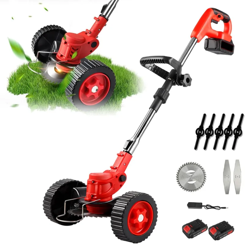 21V Cordless Battery Brushcutter, Folding Electric Brushcutter, with 2 Batteries and 3 Blades, Retractable Length, Ideal for Garden, Lawn and Patio (Red Double Battery)