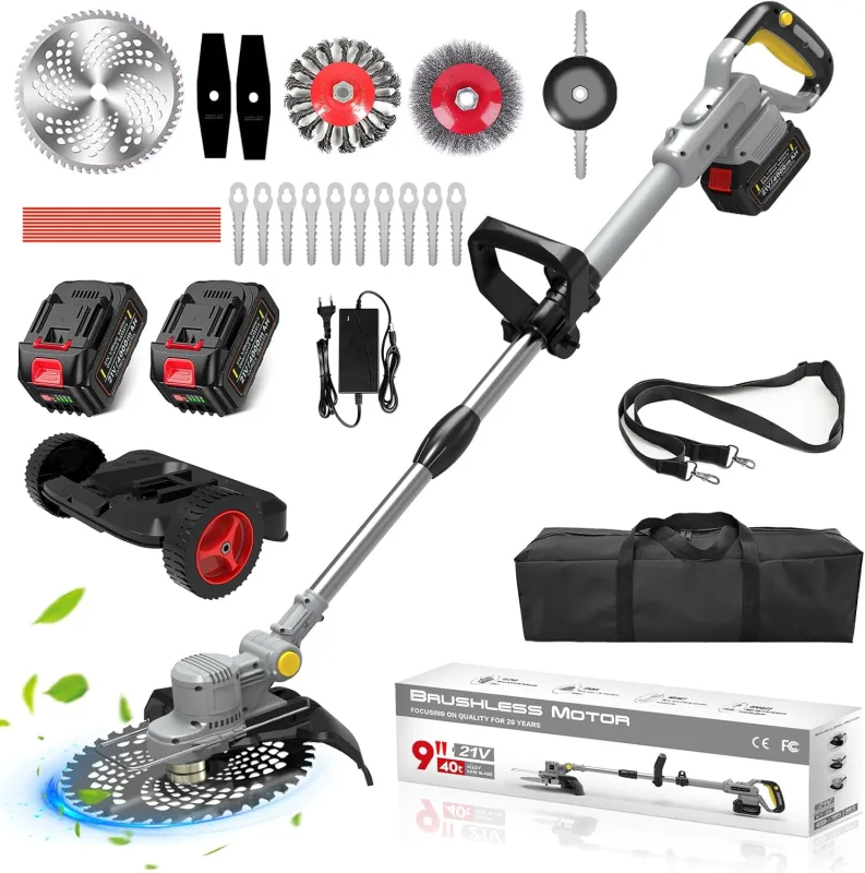 2026 Upgrade Akku Rasentrimmer, Battery Brushcutter, Weed Brush Cutter, Height Adjustable (Includes: 750W Brushless Motor, 2 x 4.0Ah Battery, 6 Blade Types