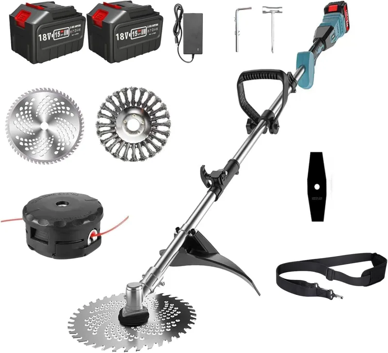 3 in 1 Battery String Trimmer with Charger and 2 x 4.0Ah Batteries, 18V Weed Trimmer with Brush for Weeds, Cutting Diameter 23 cm and Removable Pole for Garden Trimmer