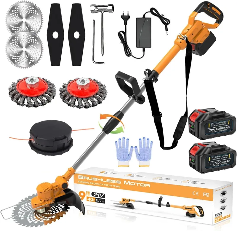 Brushcutter Battery 21V Trimmer Battery with 2 Batteries of 4.0Ah Brushless Electric Brushcutter Battery with Weed Brush Telescopic Edge Cutter, 90° Pivoting Head, Orange