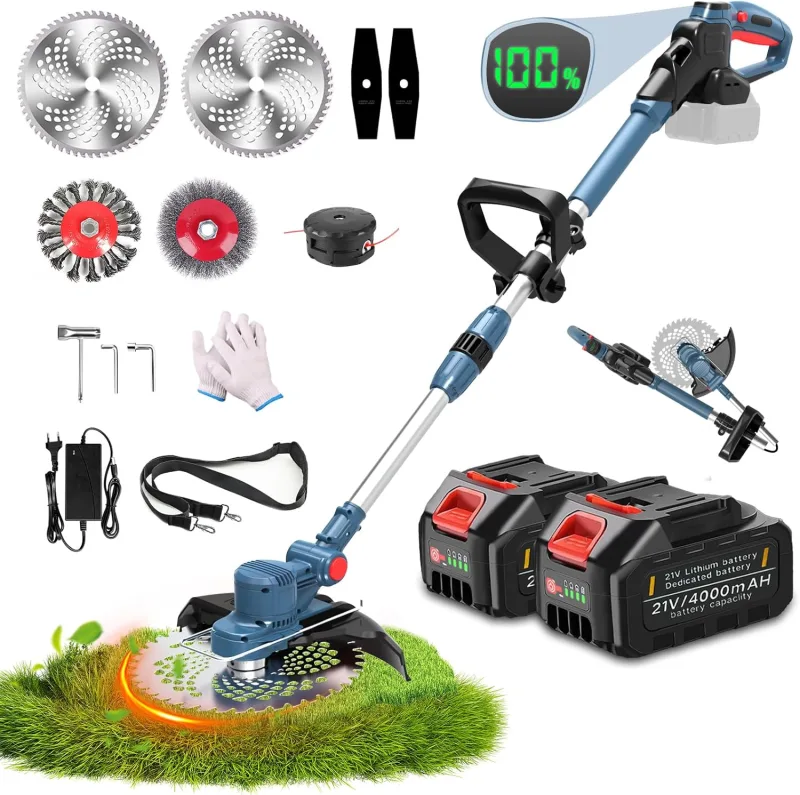 5 in 1 Battery Powered Brush and Weed Brush with Battery, 2 x 4.0Ah Batteries, Foldable, 9 Inch Brushless Cutting Width, Electric Brush Cutter