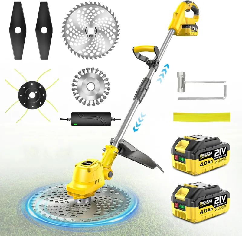 Highsam 9 Inch Grass Trimmer with Weed Brush and Two 4.0Ah 21V Brushless Batteries Multi-Blade Trimmer Set Serves as Trimmer