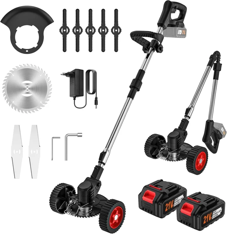 21V Battery Brushcutter Electric Brush Cutter with 2 x 3.0Ah Batteries and 3 Blades, Detachable Wheels, Telescopic Rod, Folding Battery Lawn Mower for Trimming Lawns and Shrubs