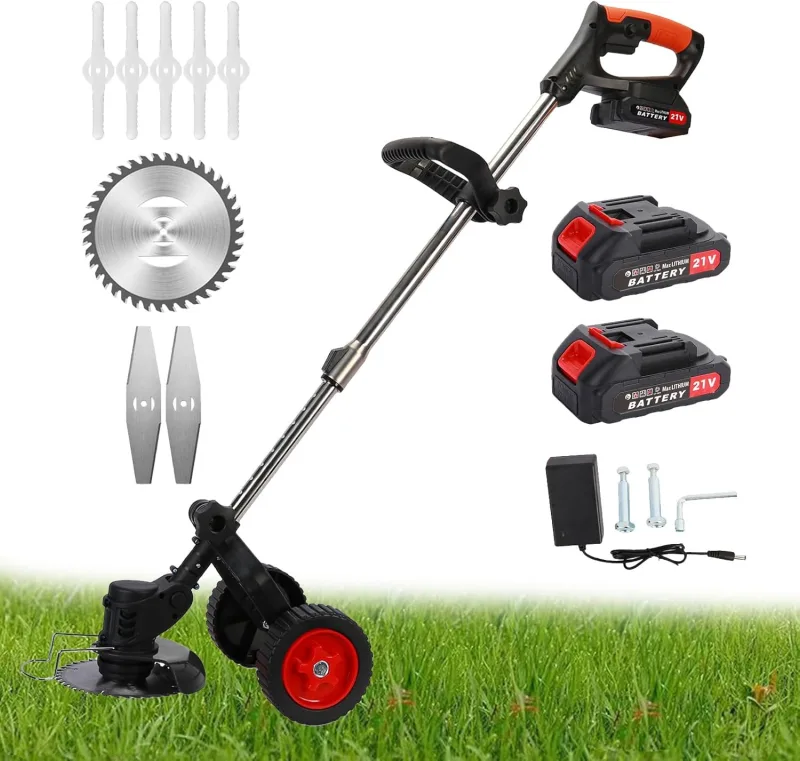 21V Cordless Brushcutter with Wheels | Telescopic Handle Weeder with 2 Batteries 2000mAH & 3 Types of Blades | Lawn Mowing for Garden Lawn