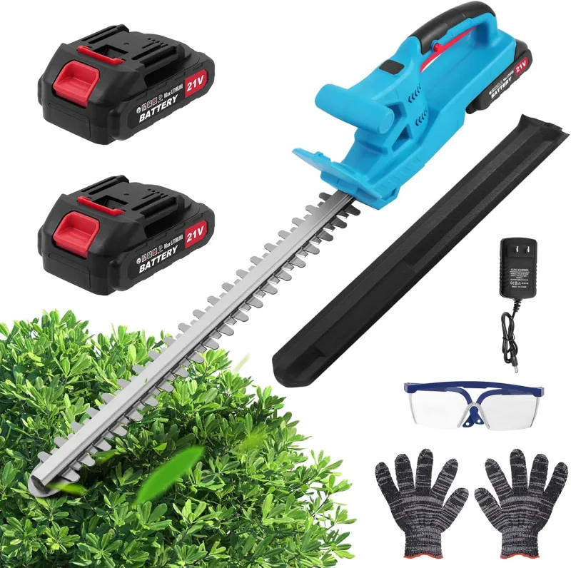 Cortasetos batería, 21 V, batería eléctrica para jardín, con 2 baterías y Cargador, Longitud de Corte 50 cm, Distancia Entre Dientes de 17 mm, Hoja de Doble acción, con indicador LED, Incluye Funda