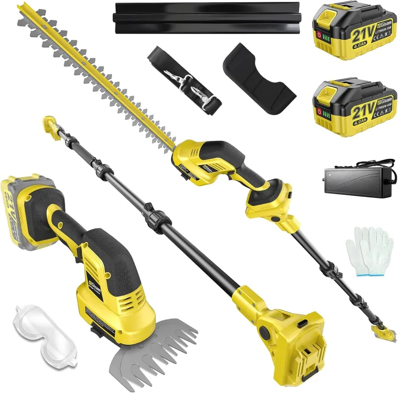 4 en 1 Cortasetos a batería Podador Altura para Makita 18V, con 2×4.0Ah baterías, extensión 4,55 m, Cuchillas 406 mm & 152 mm, Cabeza Corte giratoria 180°, como cortaarbustos y cortacésped (Amarillo)