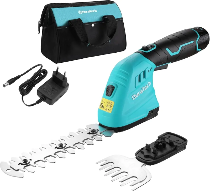 DURATECH 12V Tijera Cortacésped y Arreglasetos 2 en 1, Tijeras Eléctricos de Jardín con Batería y Cargador, Cortasetos Eléctrico para Césped y Arbustos, para Jardinería con Bolsa