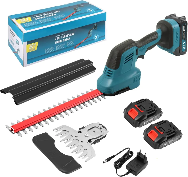 Cordless Hedge Trimmer 21V, 2 in 1 Electric Lawn with 2 1500mAh Batteries and 2 Blades, Long Blade 31 cm/Short Blade 15 cm, for Garden, Lawn, Shrubs