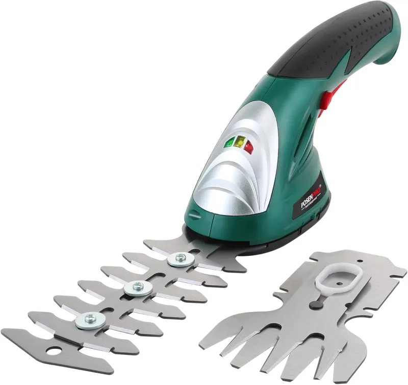 POSENPRO Tijera Cortacésped y Arreglasetos 2 en 1, Cortasetos eléctricas de 7,2 V, Batería de Litio 1.5 Ah con 2 Cuchillas, Adecuado para podar césped, arbustos y setos