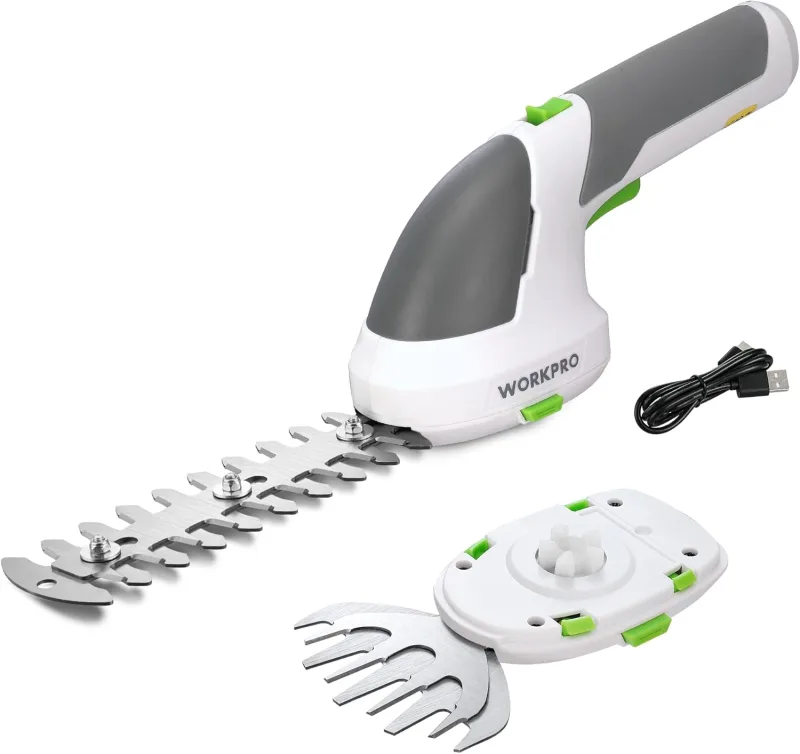 WORKPRO Tijeras Cortacésped y Arreglasetos 2 en 1, 7,2 V Cortasetos a Batería 2 Ah, Tijeras Arreglaseto con 2 Tipos de Cuchillas Ancho de Corte 100 mm, 150 mm, Herramienta para Jardín (Blanco)