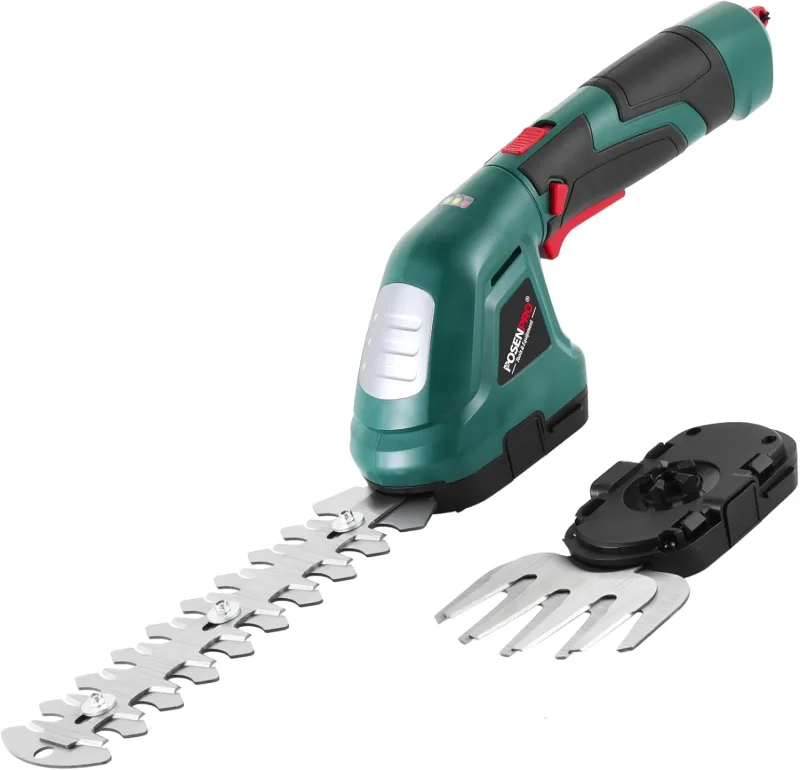 POSENPRO Tijeras Cortacésped y Arreglasetos 7,2V, Tijeras de podar eléctricas 2 en 1, Cortasetos a Batería 1,5 Ah, Empuñadura giratoria 180°, 2 Cuchillas, Ancho de Corte 100 mm, Largo de Corte 200 mm