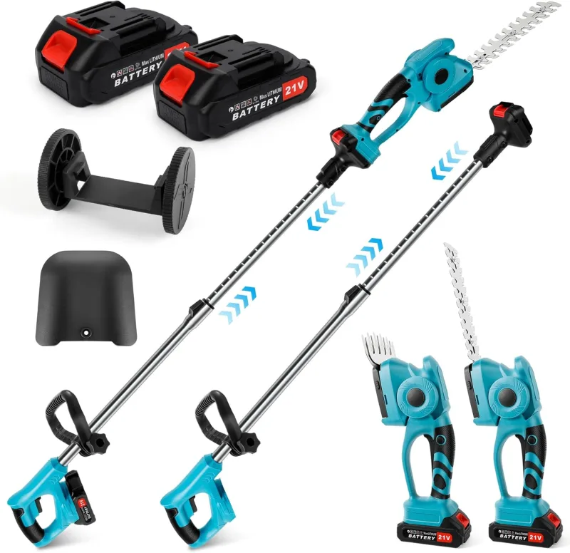 3 en 1 Cortasetos telescópicos con 2 x 2000mAh Baterías, Arbustos Cortacésped y Cortasetos, Longitud de Cuchilla 220 mm y 130 mm, Cabezal Ajustable 90° para Podar Setos y Arbustos