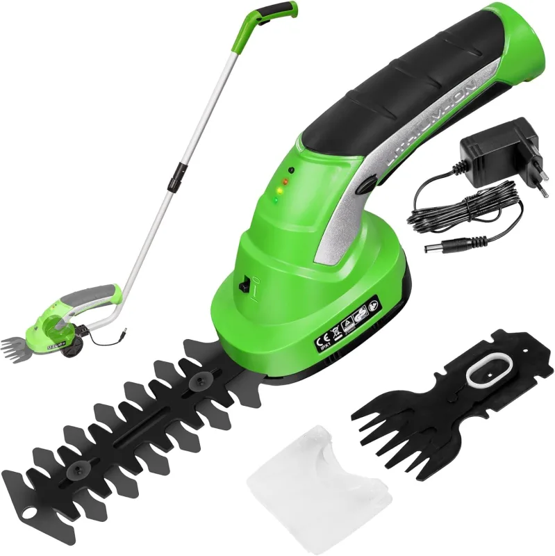 TecTake® 2-in-1 Electric Lawn Mower, Blade for Hedges and Shrubs, 7.2V, Includes 2 Blades, Electric Brushcutter, Telescopic Handle with Wheels, Electric Hedge Trimmer, Charging Indicator – Green