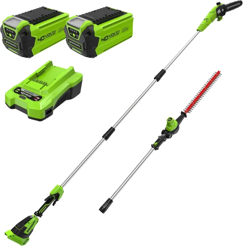 Greenworks 40V Two-in-one Cordless Pole Saw and Pole Hedge Trimmer, 12" Brushless Motor, 20" Dual Action Blade, Battery*2 and GD40PSHK2x Charger