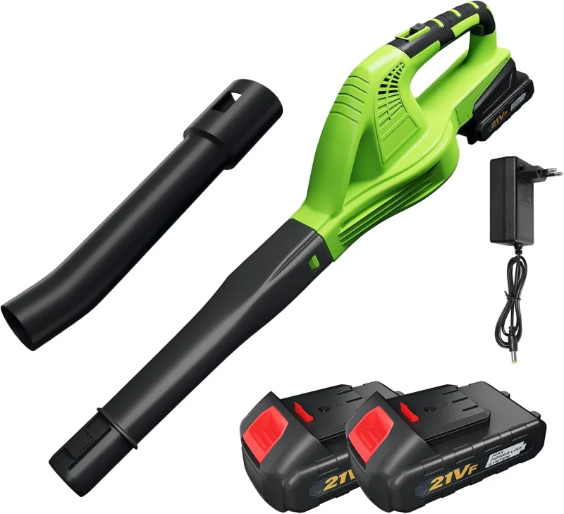 Soplador de Hojas Inalámbrico 21V, Velocidad de Soplado hasta 8 m/Min, Velocidad 15000 r/min, Soplador Inalámbrico con Batería y Cargador, Soplador de Hojas para la Suciedad y las Hojas (2 Baterías)