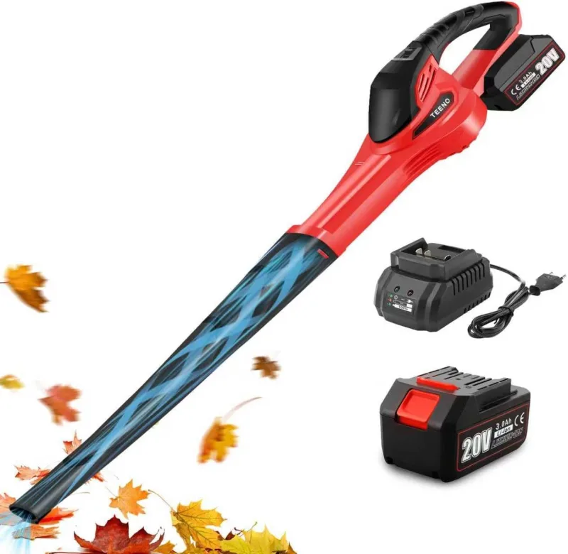 TEENO Soplador de Hojas inalámbrico, 20 V, 3,0 Ah, Velocidad de 13000 RPM, Velocidad de Aire de 288 km/h, Tiempo de Funcionamiento 18 Minutos, batería y Carga Incluidas