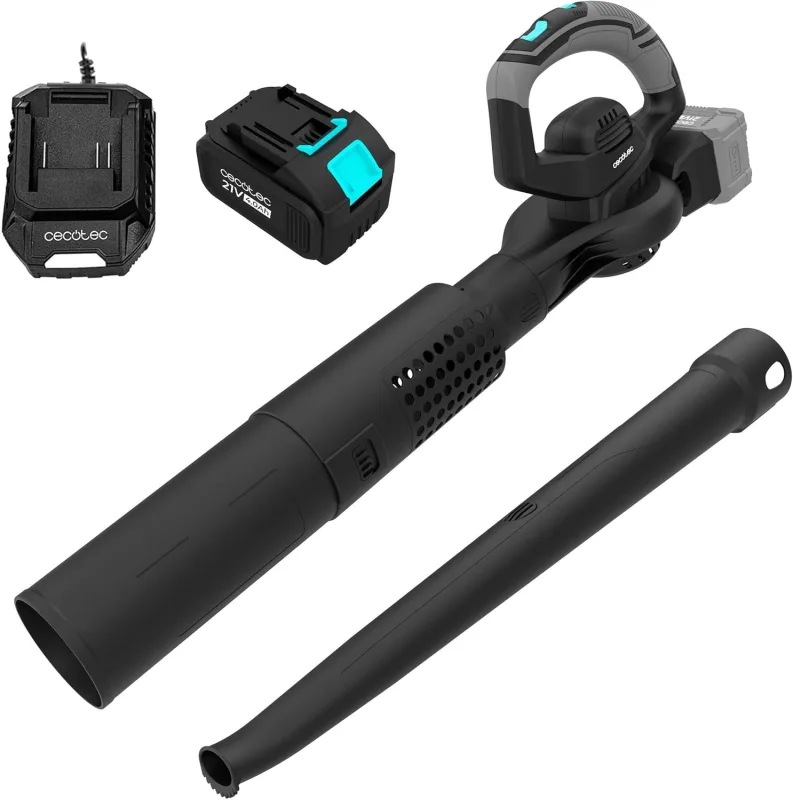 Cecotec Soplador de Hojas a Batería 21V Airforce 2in1 Multifunction. 3000W, Velocidad hasta 300km/h, Volumen hasta 800m³/h, Velocidad Regulable, Ligero, Incluye Tubo Largo y Tubo Ancho